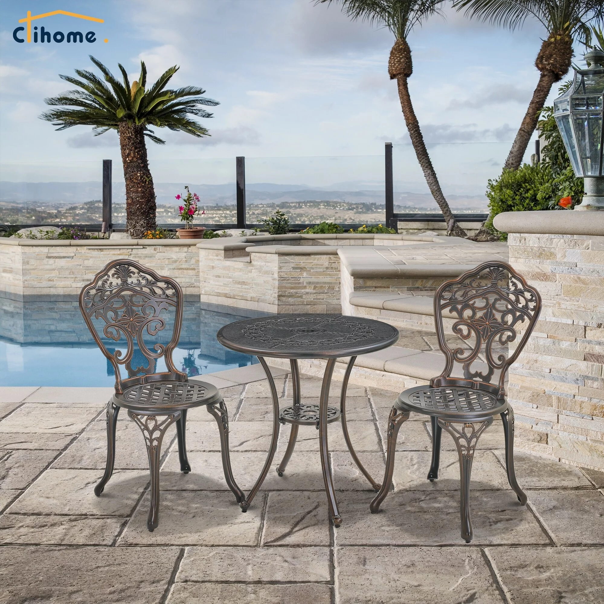 Clihome  3-Piece Outdoor Cast Aluminum Bistro Set with Umbrella Hole Brown