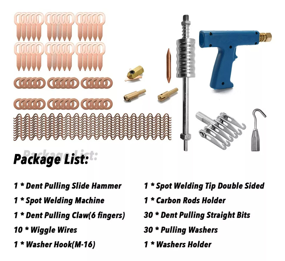 77pcs Stud Welders Dent Repairing Kit Pulling Claw Shrinking Welding Machine Slide Hammer Puller Straight Rull Rings Round Washers Wiggle Wires