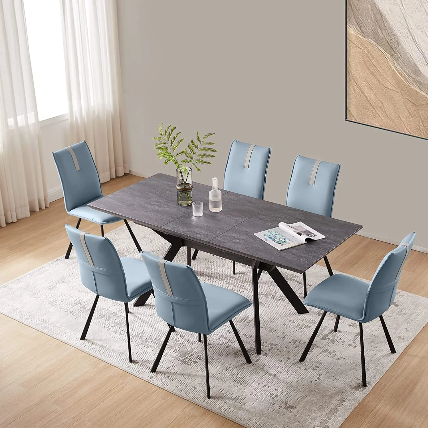 Dining Room Table Set 6-8 Person Kitchen Table and Chairs Modern Extendable Dining Table with 8 Leather Upholstered Dining Chairs (Table + 8 Black Chairs)