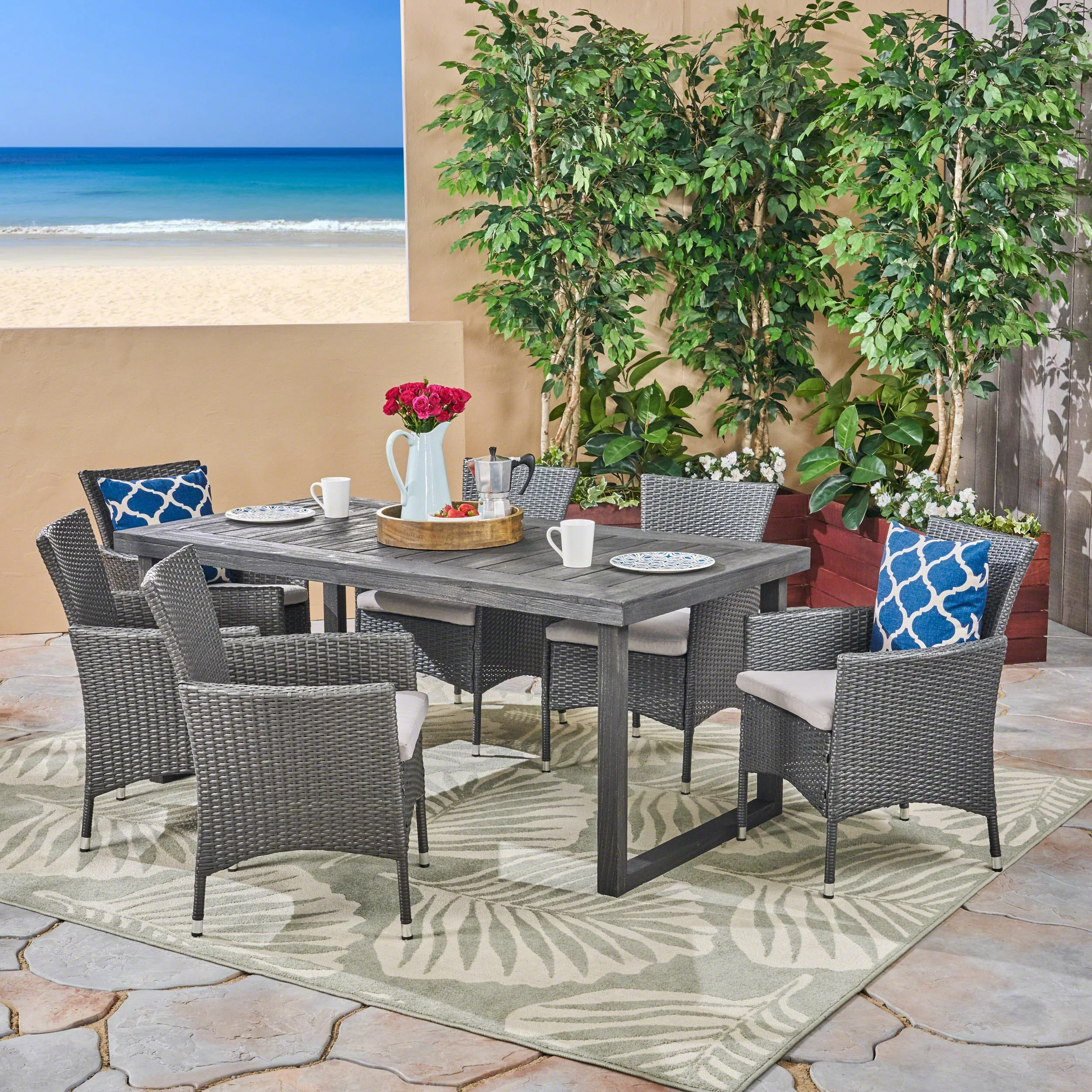 Jack Outdoor 7 Piece Acacia Wood Dining Set with Wicker Chairs and Cushions, Sandblast Dark Grey, Gray, Silver