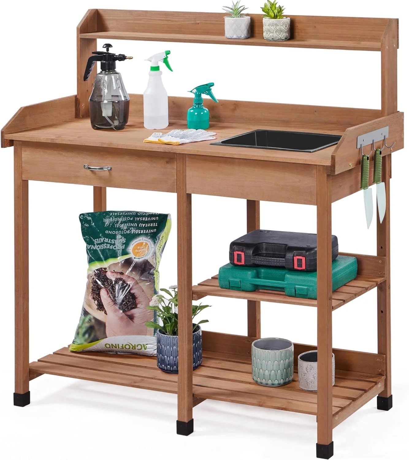 Potting Bench Outdoor Garden Work Bench Station Planting Solid Wood Construction for Horticulture w/Sink Drawer Rack Shelves Brown