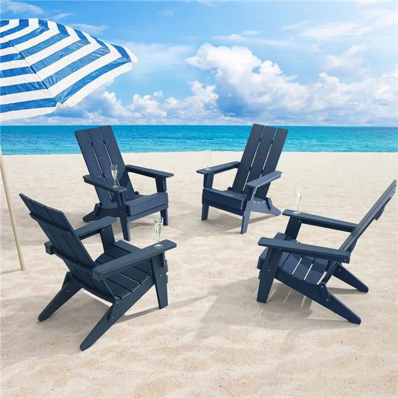 SANLUCE  Navy Blue Folding Adirondack Chair, Waterproof HIPS High Load Capacity Patio Chair With Wide Armrests (4-Pack)
