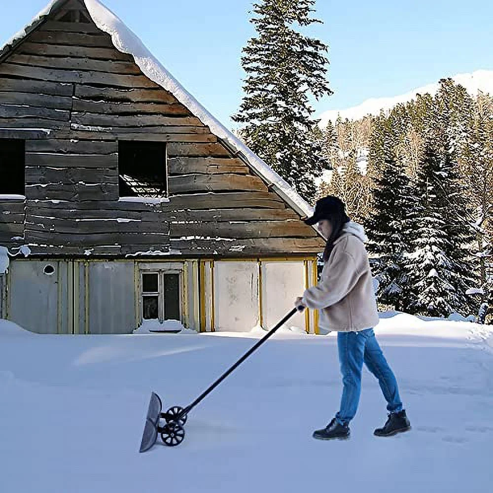 Gardenised Black Heavy Duty Snow Shovel Rolling Pusher Remover with Wheels and Wide Blades, (QI004186)