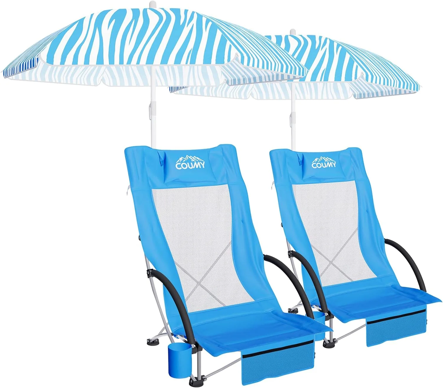2 Pack High Back Beach Chair with Umbrella,Low Beach Chairs for Adults, Portable Camping Chair Folding Beach Chair with Cup Holder & Carry Bag for Outdoor Sand Lawn(Blue)