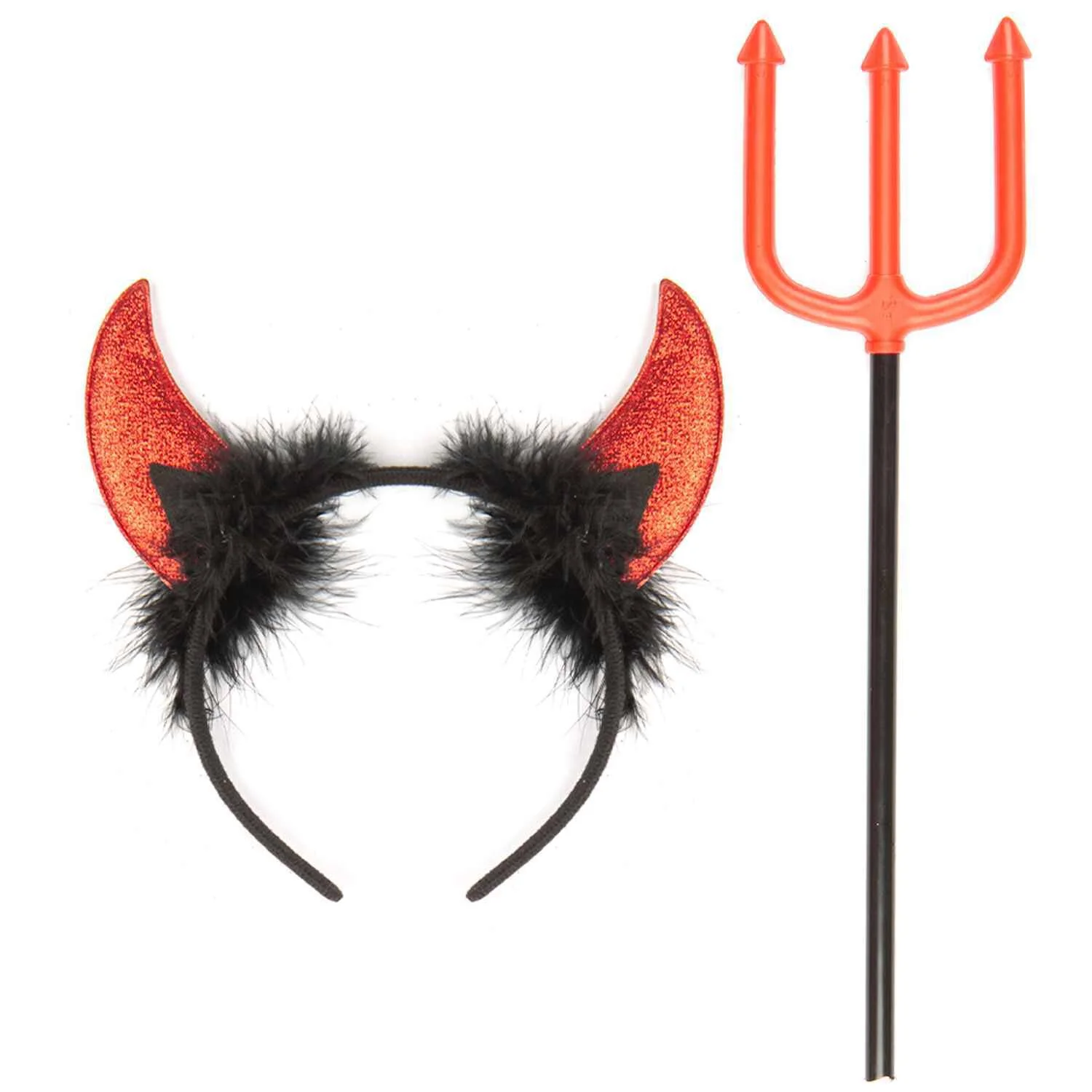 FUNCREDIBLE Devil Horns And Pitchfork | Devil Costume Accessories Set | Glitter Devil Ears Headband | Halloween Fancy Devil Cosplay Outfit Accessories for Women, Men and Kids (Red)