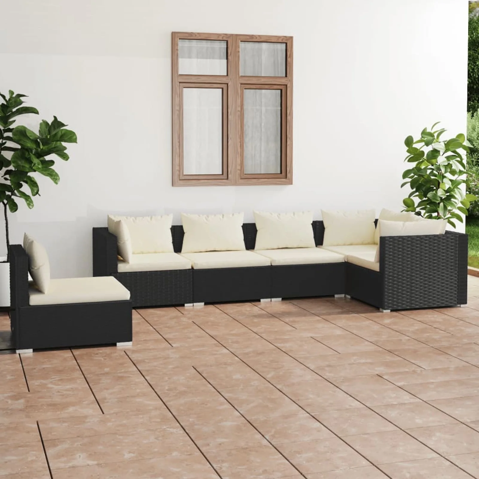 Anself 6 Piece Patio  Set Cream Cushioned Conversation Set Black Poly Rattan  Sectional Sofa Set for Garden, Balcony, Lawn, Yard, Deck