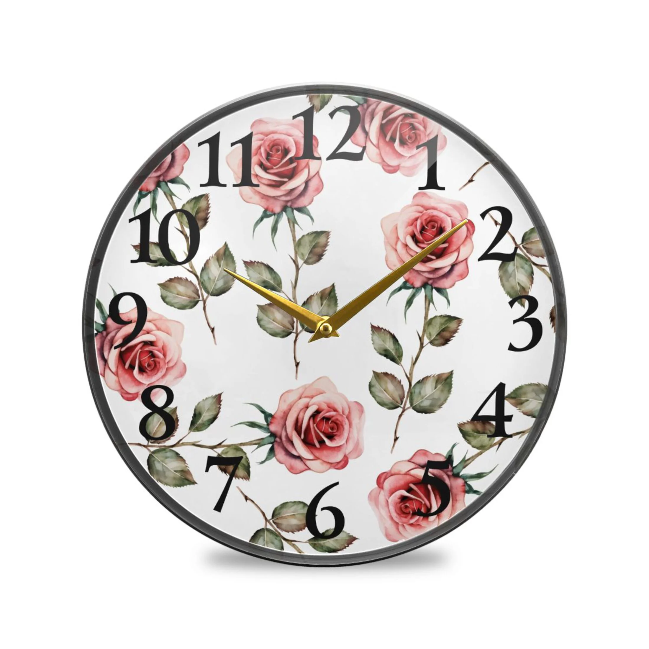 Watercolor Rose Flower Wall Clocks Battery Operated 9.5 Inch Round Clock Acrylic Silent Non-Ticking Bedroom Living Room Decorative Clocks