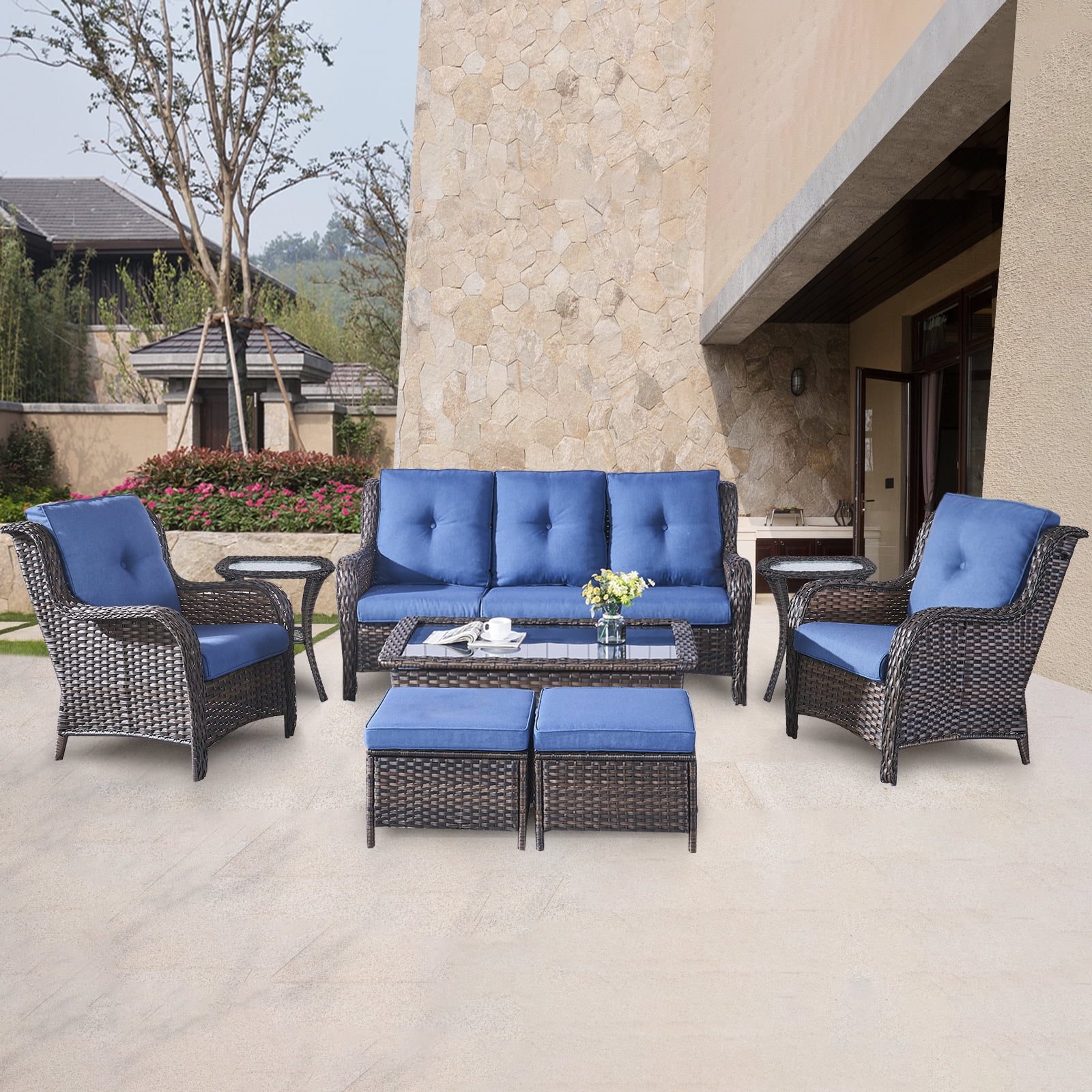 POCASSY 8 Piece Rattan Outdoor Conversation Furniture Set Wicker Sofa Seating Group with Cushions for Backyord, Garden, Pool