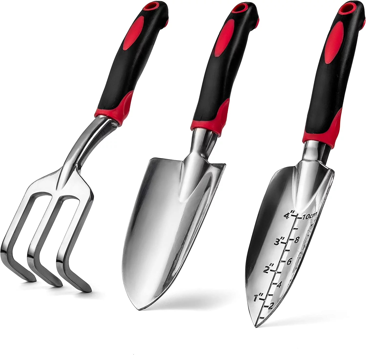 Namzi Hand Tools Set of 3, Heavy Duty Cast Aluminum Garden Tools with Ergonomic Handles, Kit Includes 2 Trowels 1 Cultivator Hand Rake (3 Piece) Small Shovels for Gardening