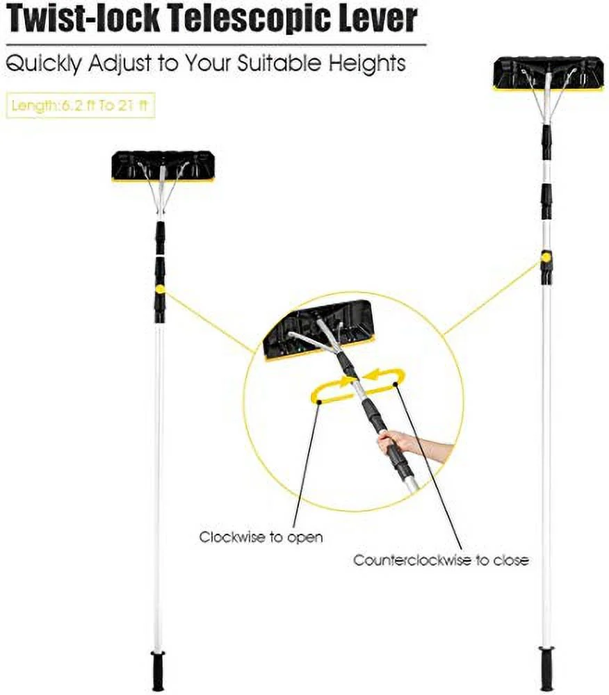 Happygrill 21 Feet Adjustable Roof Snow Rake with Large Blade Telescoping Scratch-Free Roof Snow Removal Tool