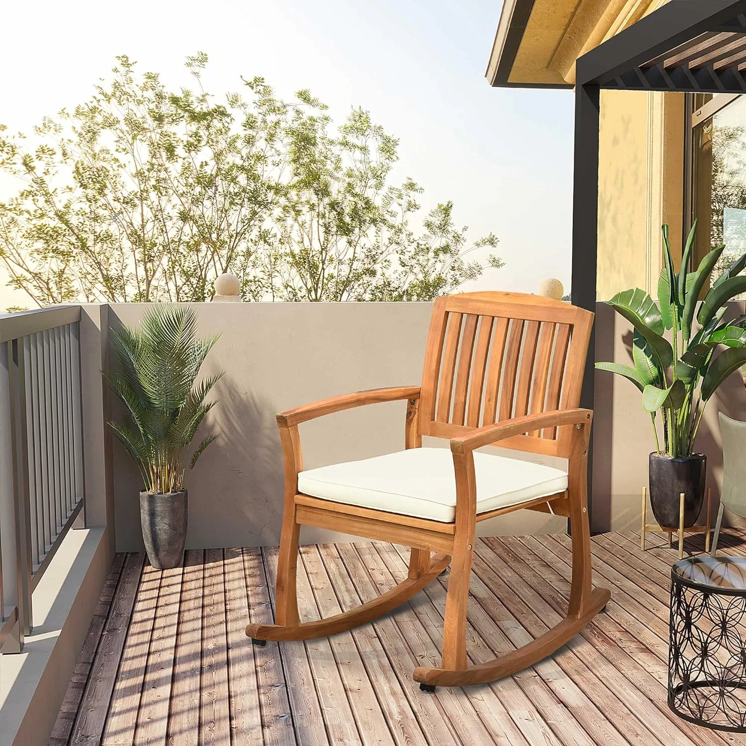Elegant Outdoor Rocking Chair with Cushion, Acacia Wood Elegant Rocker for Backyard, Elegant, Home, Teak Tone