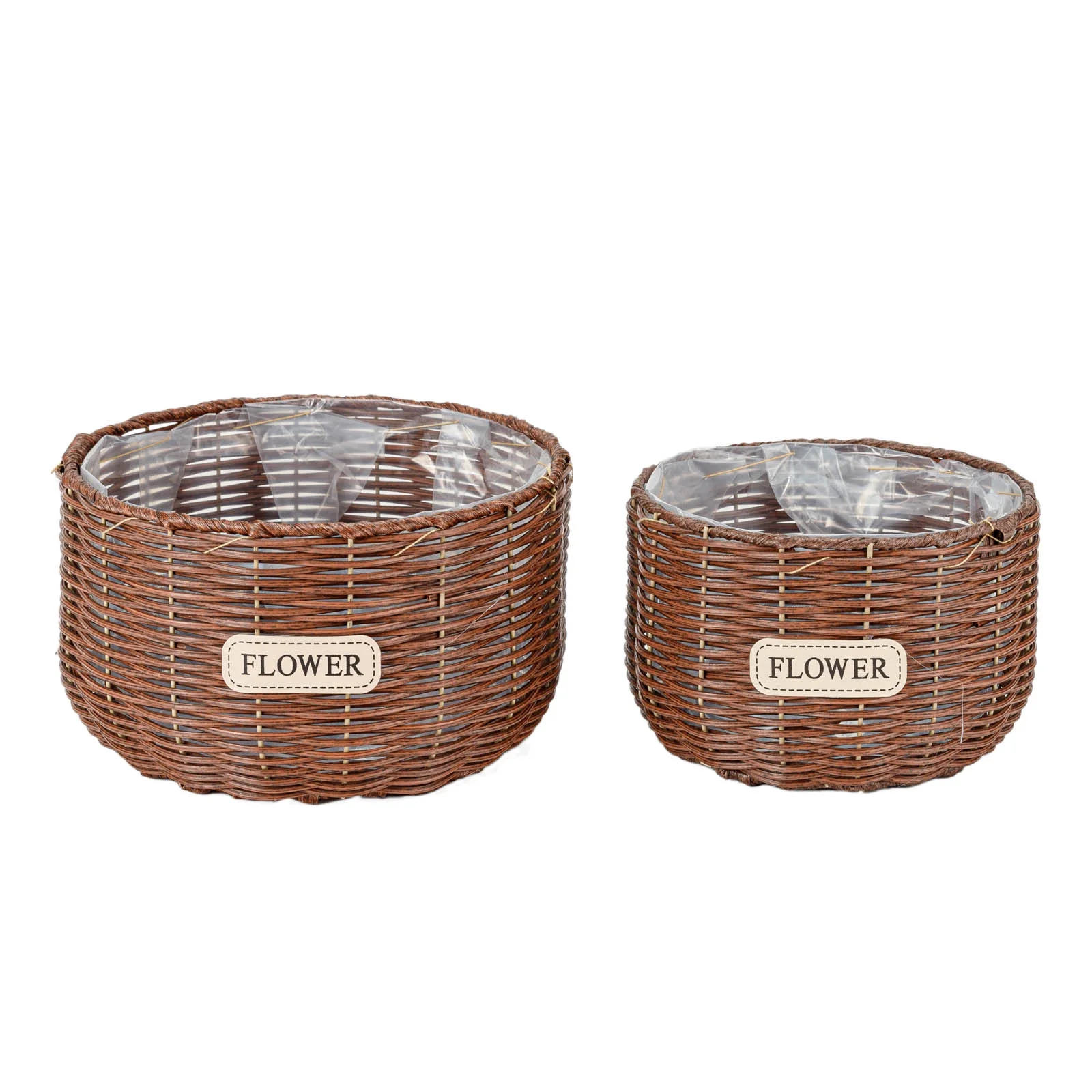 THY COLLECTIBLES Set of 2 Woven Wicker Planter Baskets with Plastic Lining, 2 Multipurpose Storage Baskets for Plants, Flowers, Toys Rustic Farmhouse Plant Pot Containers (Dark Brown)