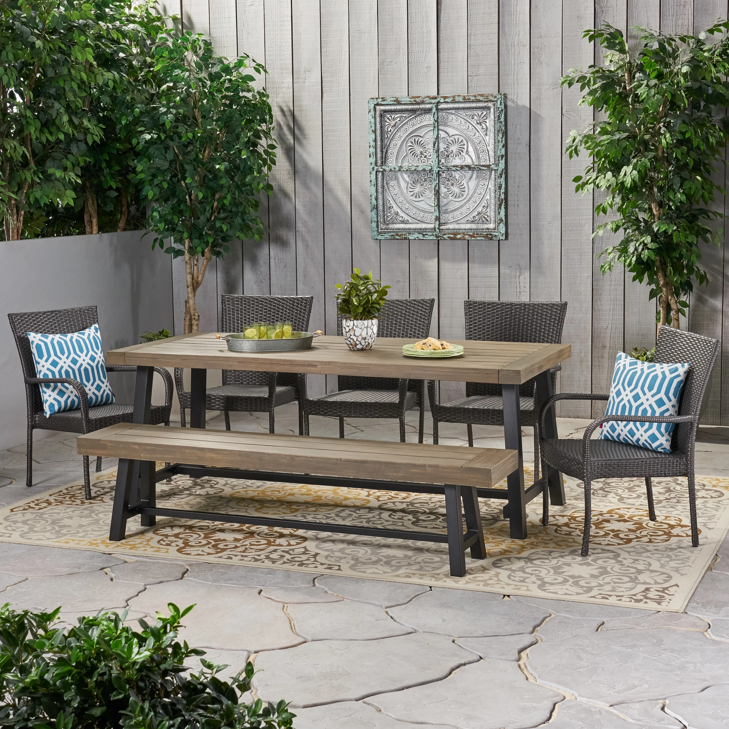 Noble House Lyons 7 Piece Rustic Wood Top Patio Dining Set in Gray and Black