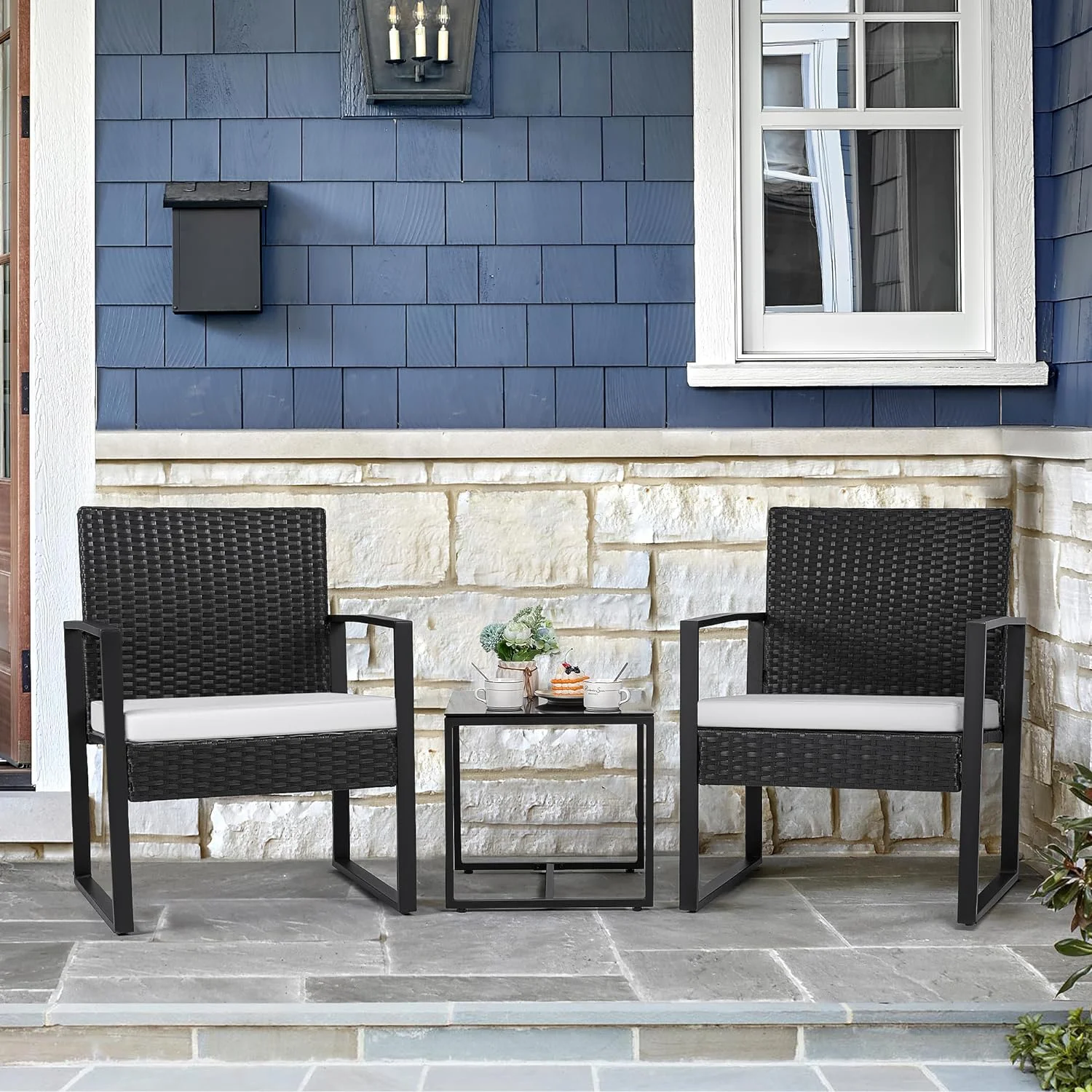 3 Pieces Patio Furniture Outdoor Wicker Modern Rattan Chair Conversation Sets with Coffee Table for Yard, Bistro(White)