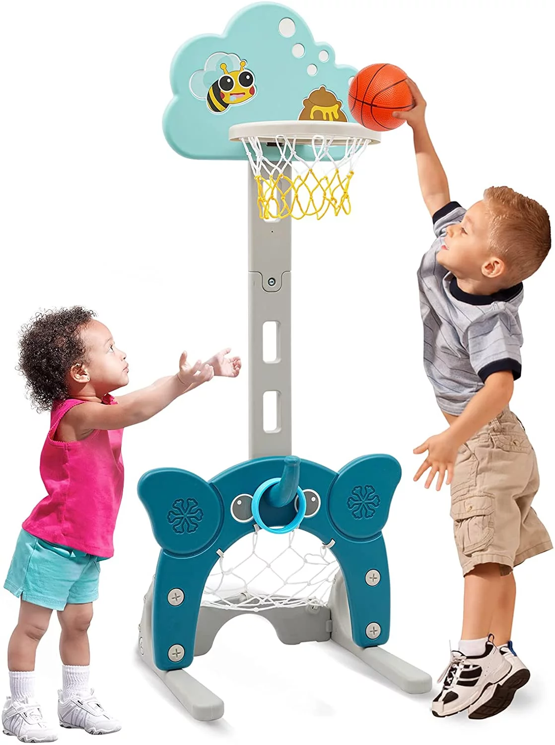 4-in-1 Toddler Basketball Hoop, Adjustable Height Kids Basketball Hoop with Soccer Goal Ring Toss Golf Play Set, Basketball Hoop for Kids Indoor Outdoor Sports