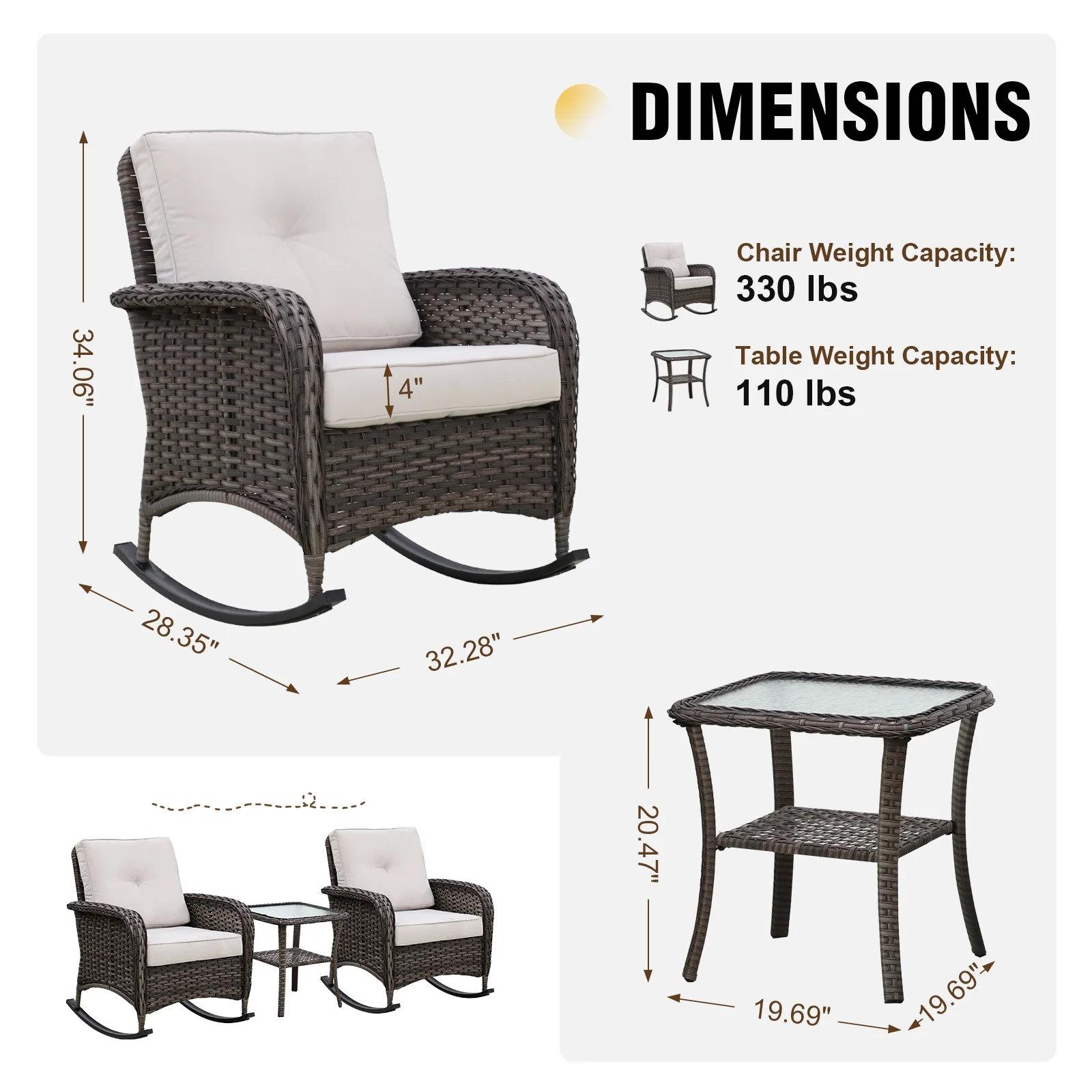 EAGLE PEAK 3 Pieces Patio Furniture Sets, 2pcs Wicker Rattan Rocking Chairs with Cushions and Side Table