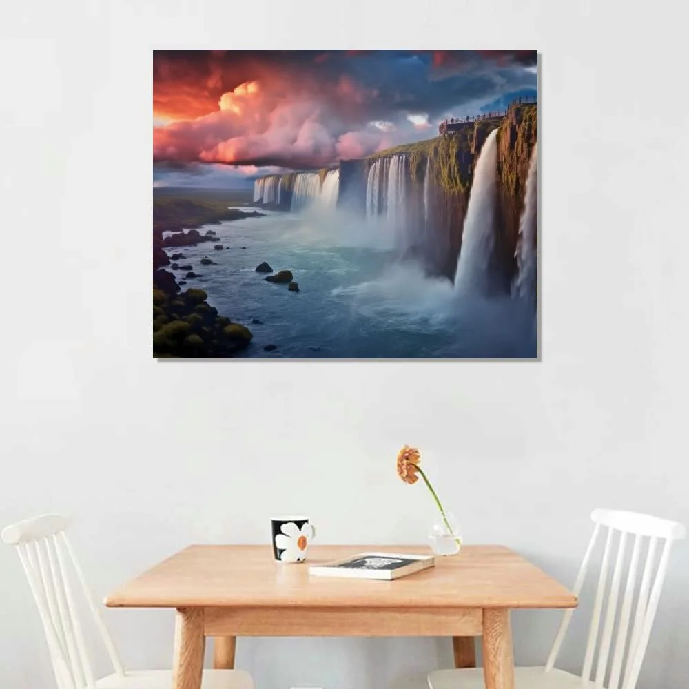 Fenyluxe Cliff Waterfall Stretched Canvas Wall Art For Living Room Bedroom Home Decoration,Mordern Sunrise Scene Print Picture Painting Decor Artwork,Gallery Wrapped Gift Frame(20x16 Inch)