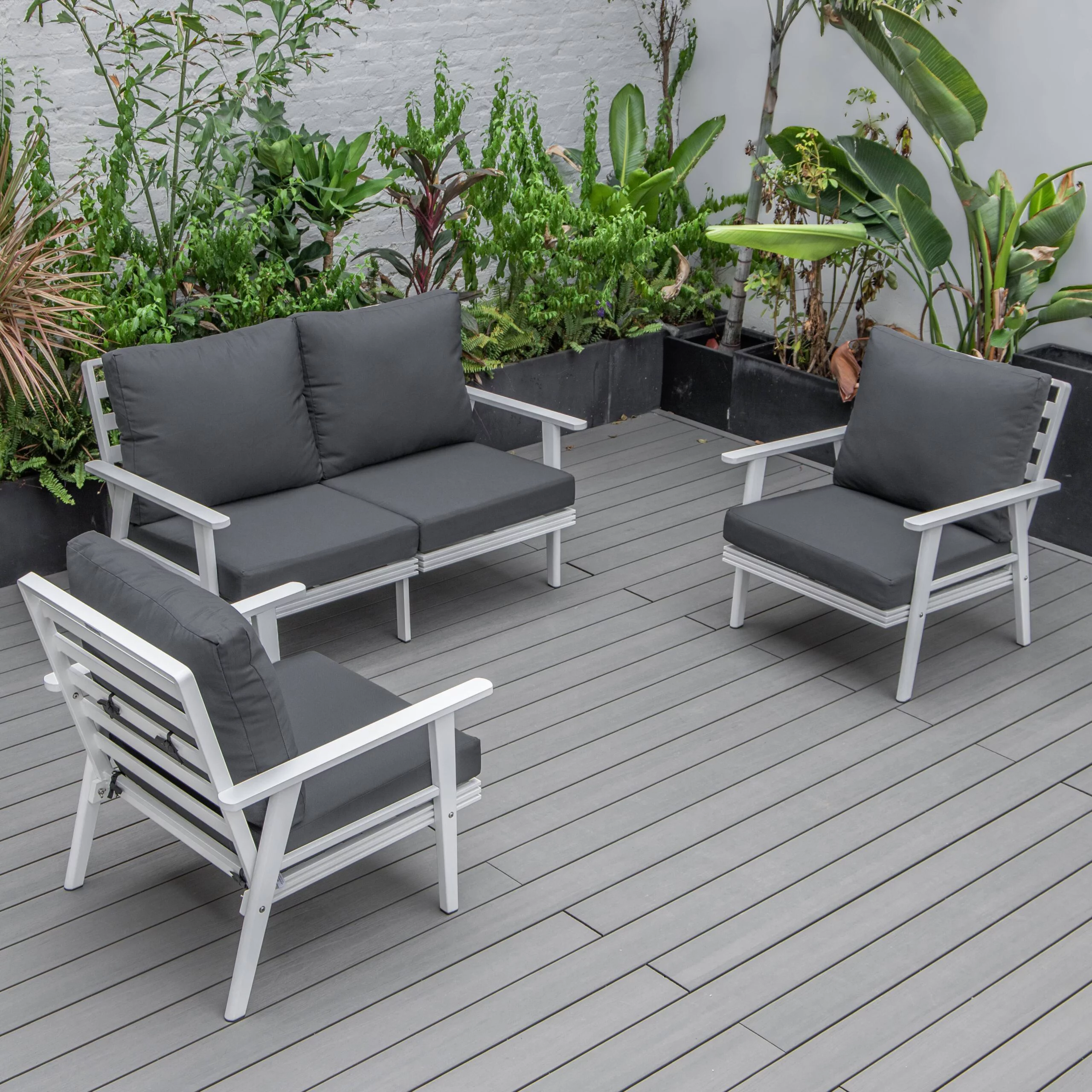 LeisureMod Walbrooke Modern 3-Piece Outdoor Patio Set with White Aluminum Frame and Removable Cushions Loveseat and Set of 2 Armchairs for Patio and Backyard Garden (Charcoal)