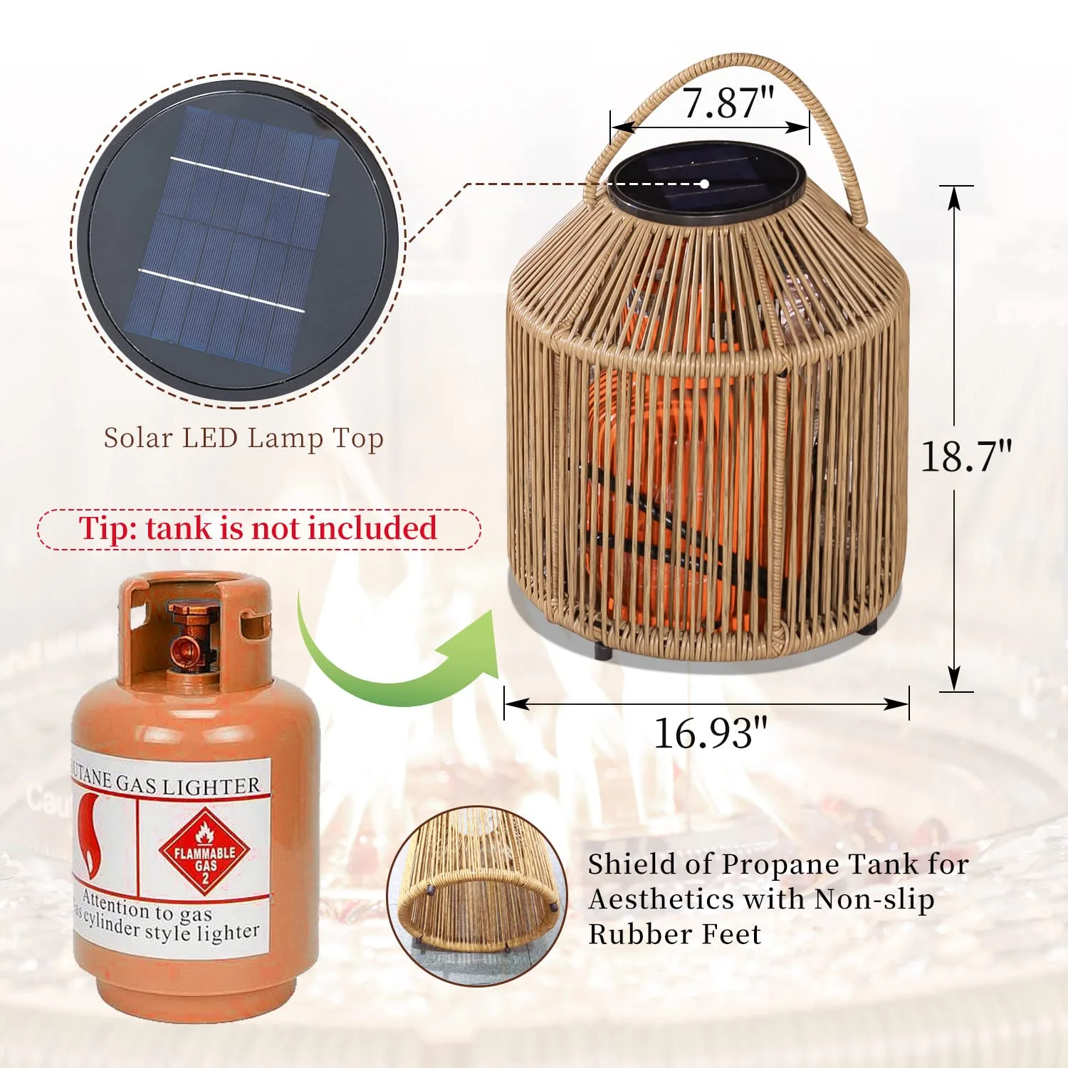 NICESOUL Outdoor Yellow Wicker Propane Fire Pit Table 37,000 BTU with Solar LED Lamp Cover of Tank