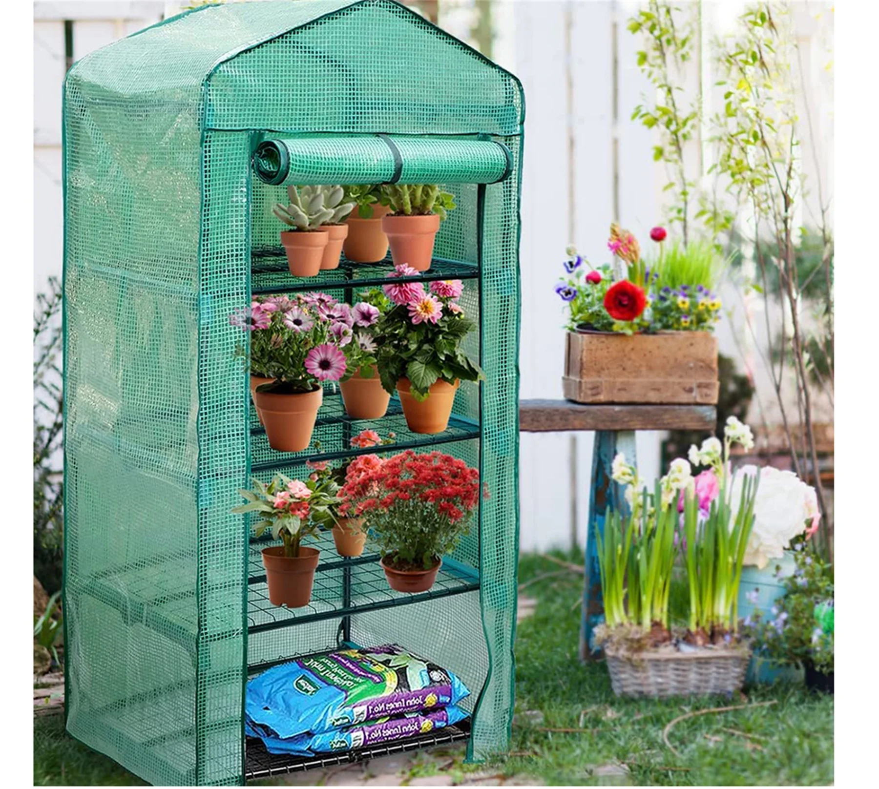 Mini Greenhouse 4-Tier, Portable Plant Flower Shelf with Durable PE Cover