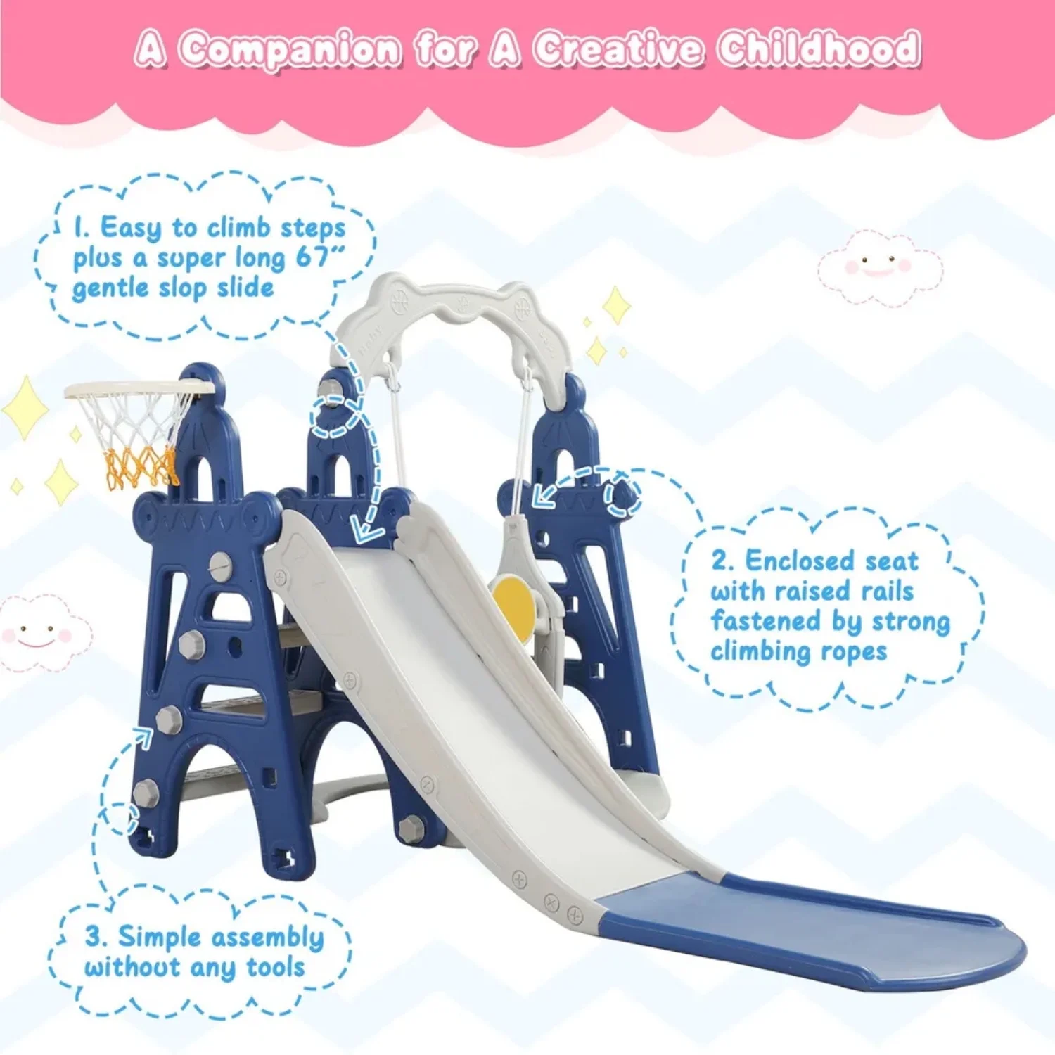 BATE 4 in 1 Kids Swing and Slide Set with Basketball Hoop, Extra Ball, Music Player