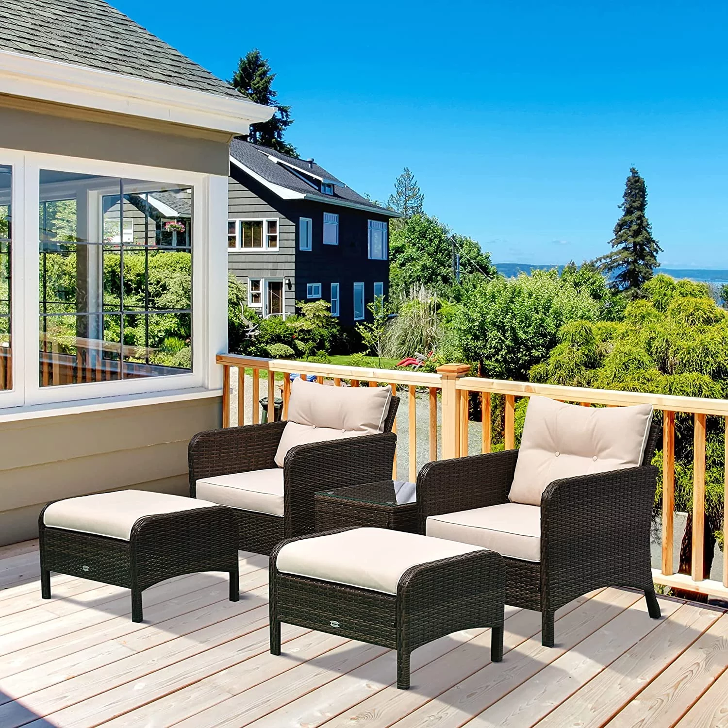 Dina 5 Pieces Rattan Wicker Lounge Chair Outdoor Patio Conversation Set with 2 Cushioned Chairs  2 Ottomans and Tempered Glass Top Coffee Table  Gray/Light Gray