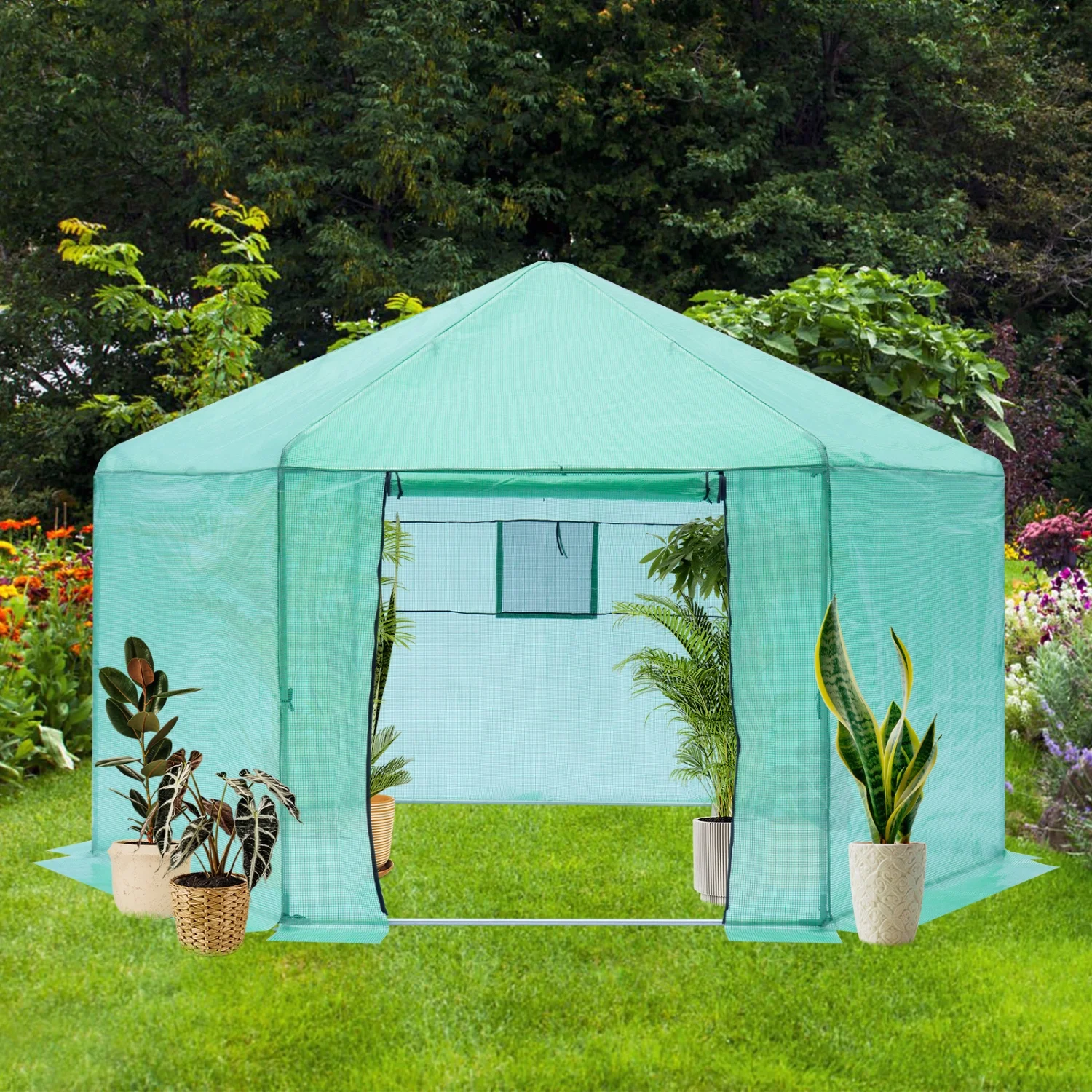 ZWNLKQG Walk-in Greenhouse Hexagonal Upgrade Reinforced Frame Heavy Duty Plastic Greenhouse Reinforced Thickened Waterproof Insulation(13.1*8.6 ft)