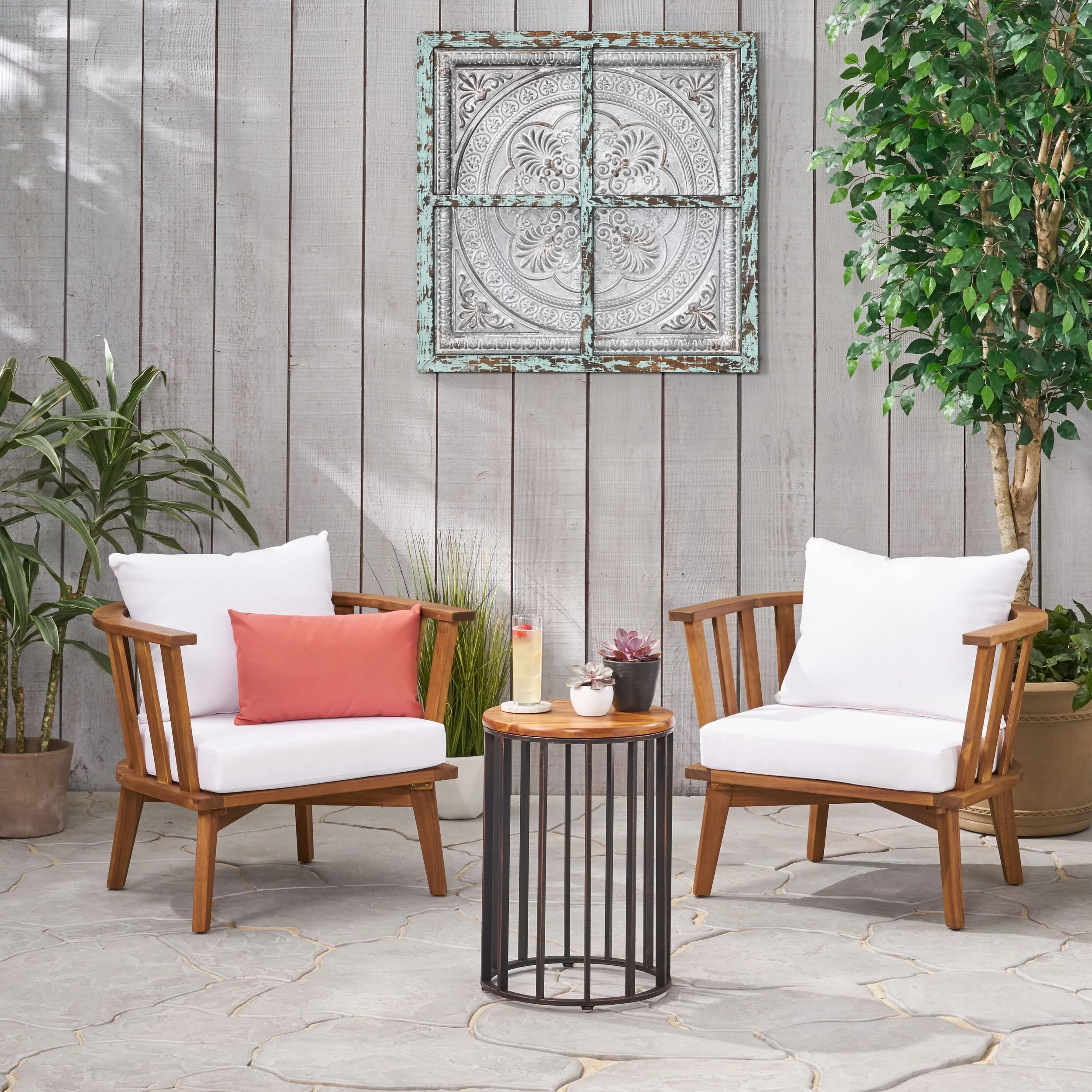 Heloise Outdoor Acacia Wood 2 Seater Club Chairs and Side Table Set, Teak and White
