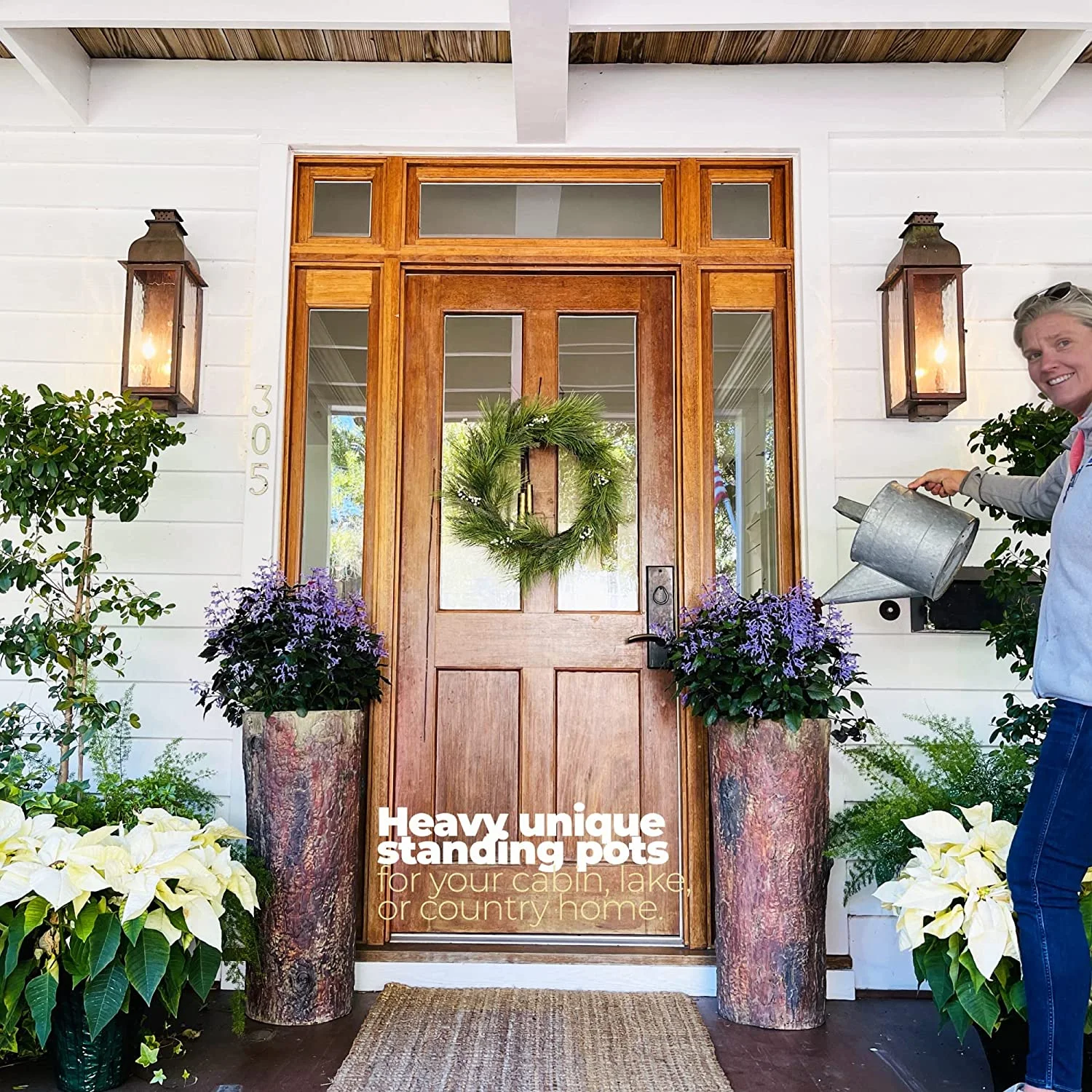 Country Front Door Tall Log Planters Set (2) Extra Large Heavy Cabin, Farmhouse & Lake House Entrance Pots. Rustic Porch & Patio Plant Decor.