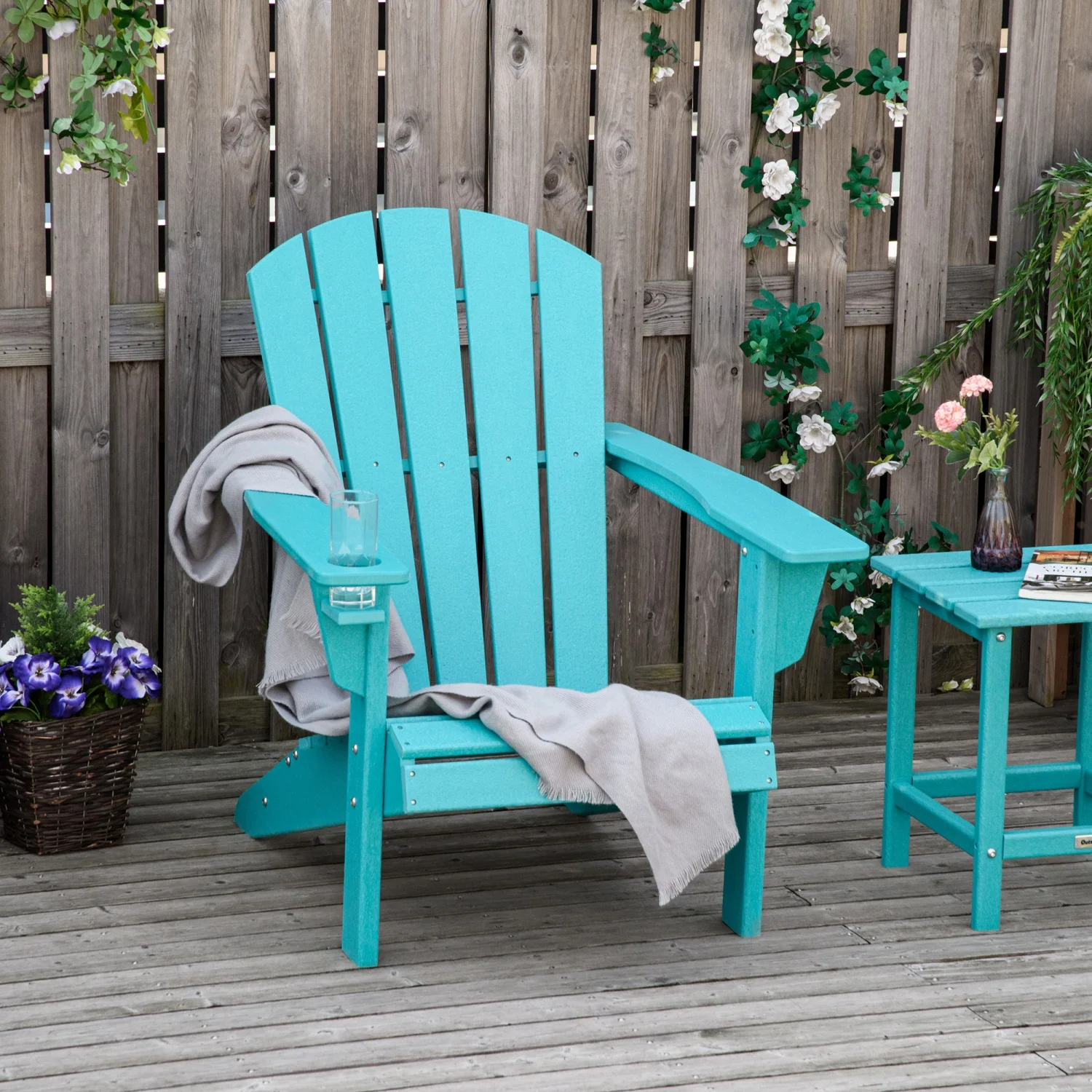 TQJKLFDY HDPE All-Weather Outdoor Adirondack Chair with Cup Holder  Fire Pit Chair for Backyard  Deck  Lawn  Garden  330lbs Capacity  Light Blue