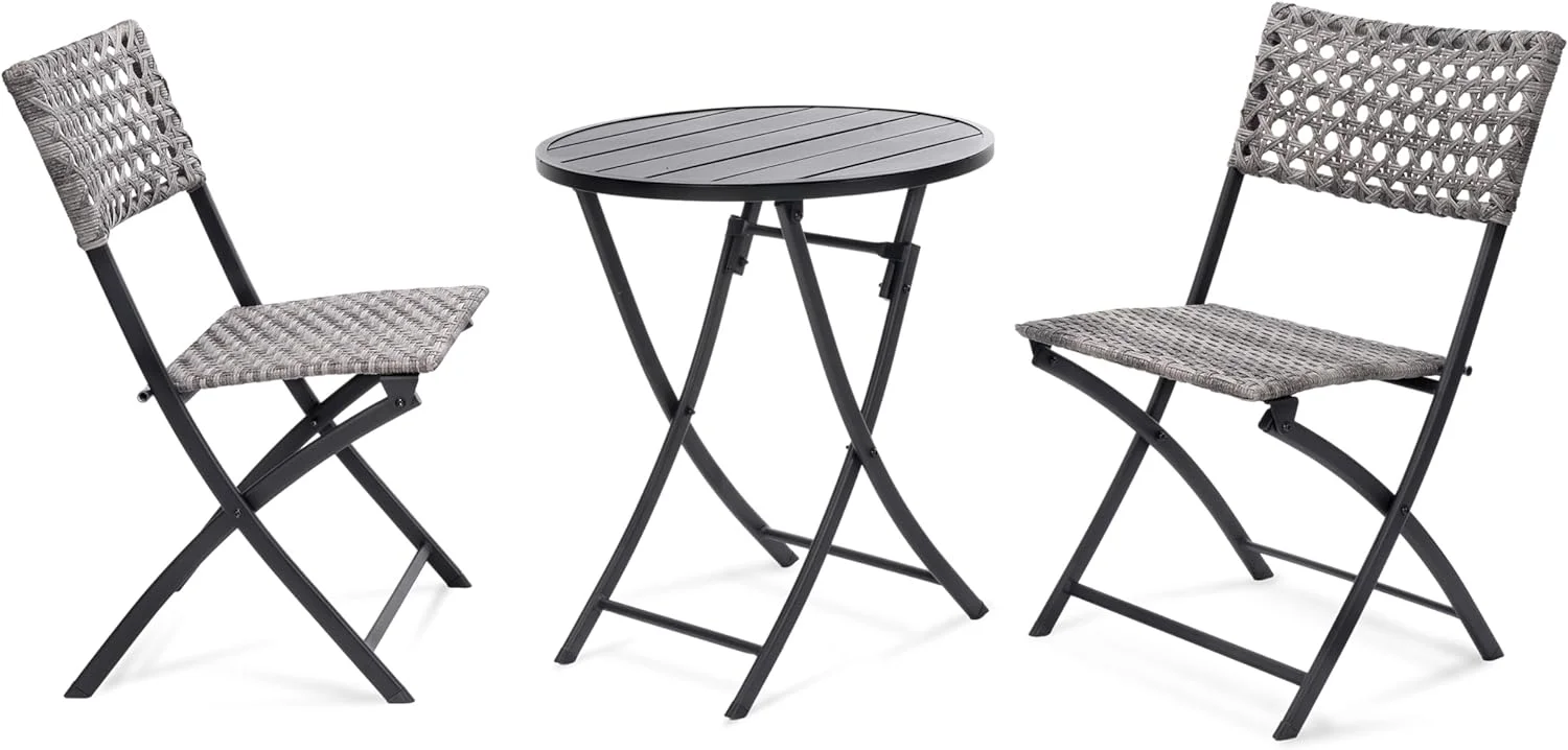 MINGFENG 3 Pc 3 Piece Folding Outdoor Bistro, Wicker Furniture Table and Chairs for Garden, Backyard, Porch, Patio Conversation Set, Grey/Black