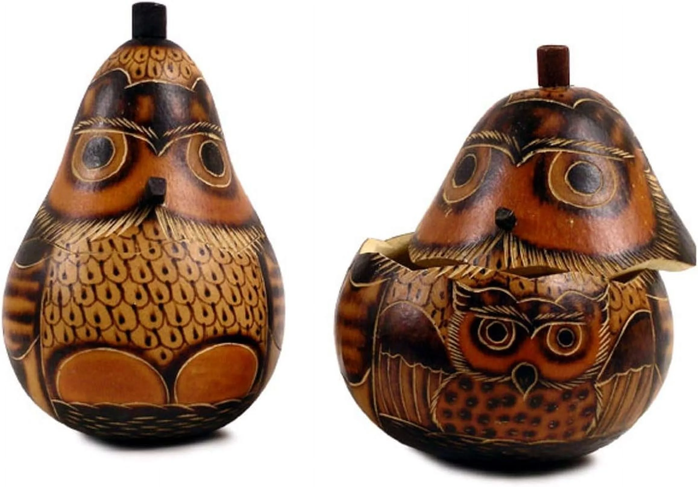 Gourd Owl Box Gift Hand Carved Peru Artisan Fair Trade Natural Color Stash Bowl