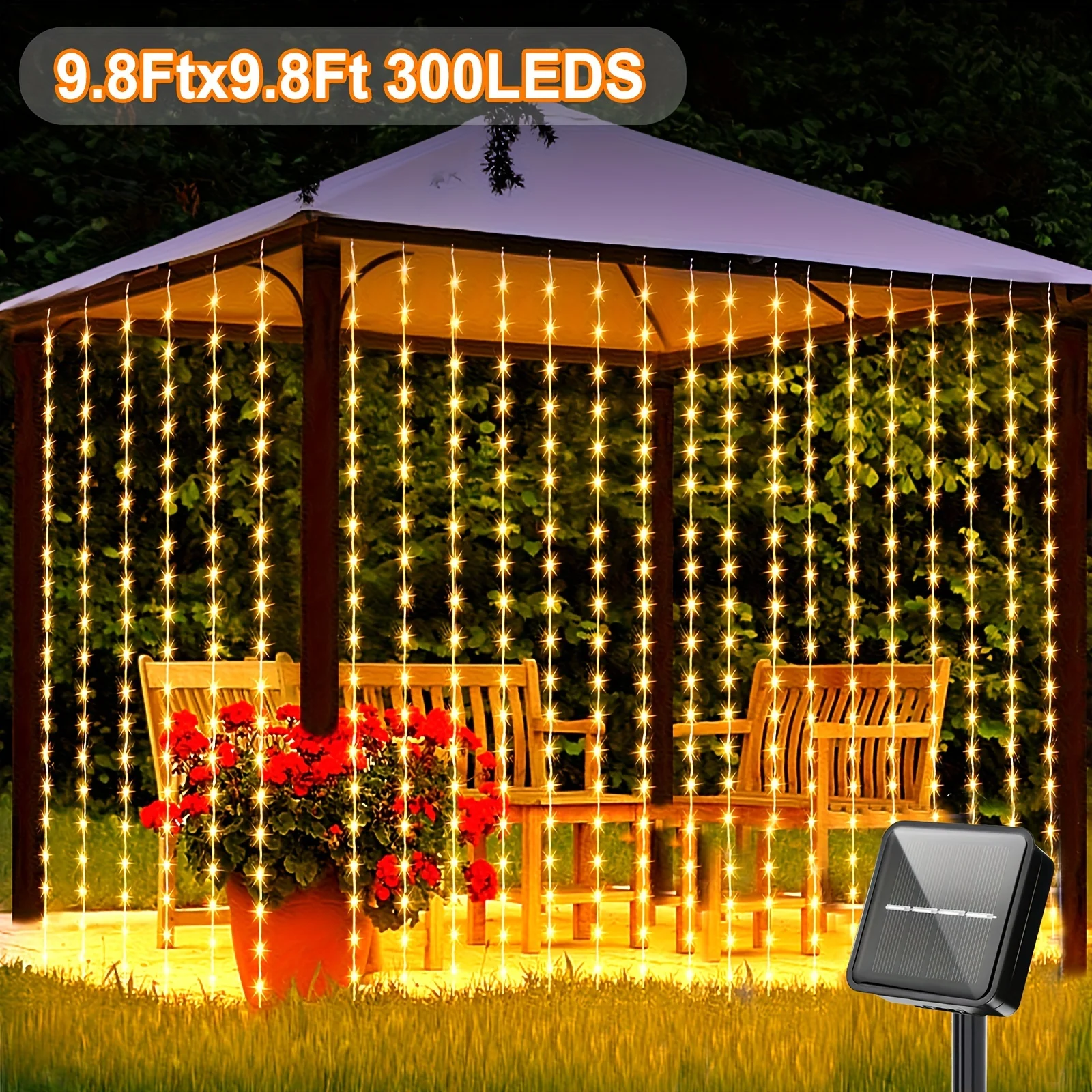 Outdoor String Lights, Solar Curtain String Lights, Waterfall LED Lights with 8 Modes, Wedding Party Garden Bedroom Outdoor Indoor Wall Decoration, Solar Waterproof Lights for RV Decoration