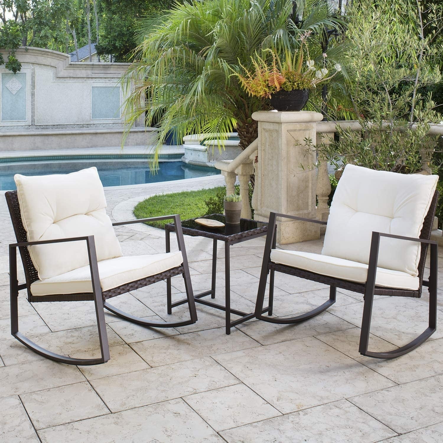 SUNCROWN 3-Piece Patio Rocking Brown Wicker Bistro Set Beige