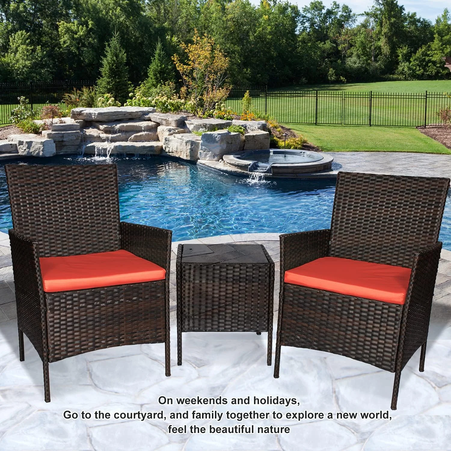 3 Piece Patio Furniture Set,Outdoor Wicker Rattan Conversation Set,Porch PE Outdoor Set with Coffee Table, Chairs & Thick Cushions, for Garden Lawn Backyard Pool (Brown-Rust)
