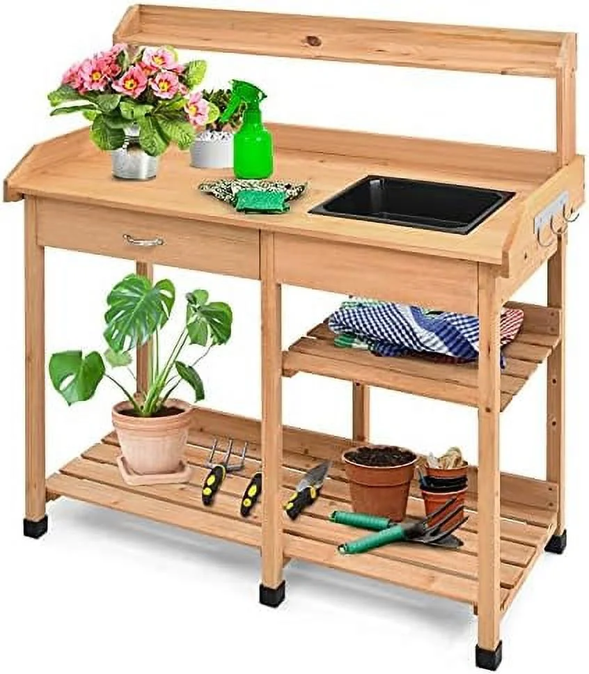 LNSETGC Garden Potting Bench Table Wood Potting Work Table for Yard Plant Lawn Patio Indoor Outdoor Workstation Flower Pot Bench w/Sink  Drawer  Hooks and Open Shelves Gardening Tables fo