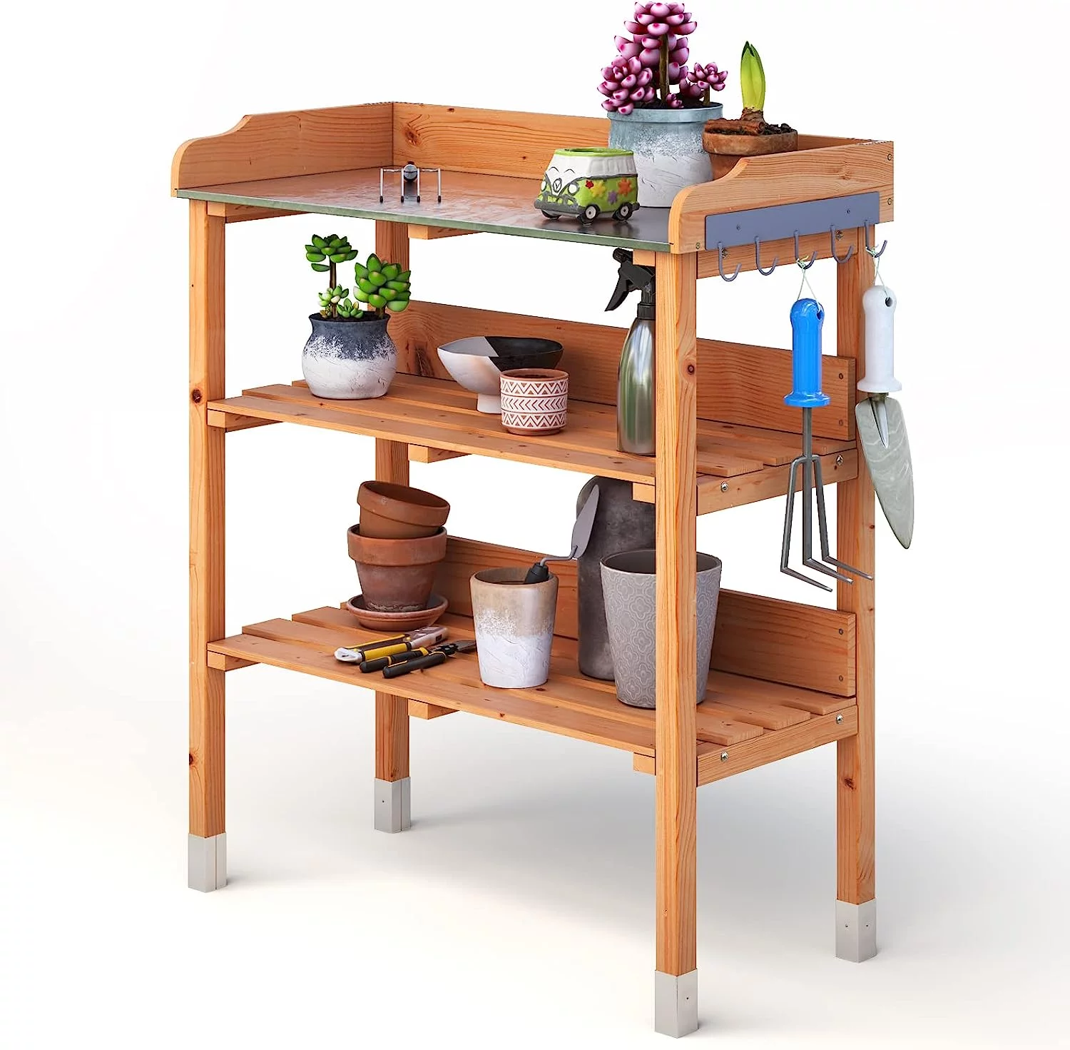 Potting Bench, Non-Slip Potting Tables for Outdoors, 3 Wide Shelves Potting Benches for Outside W/Metal Tabletop, 5 Hooks