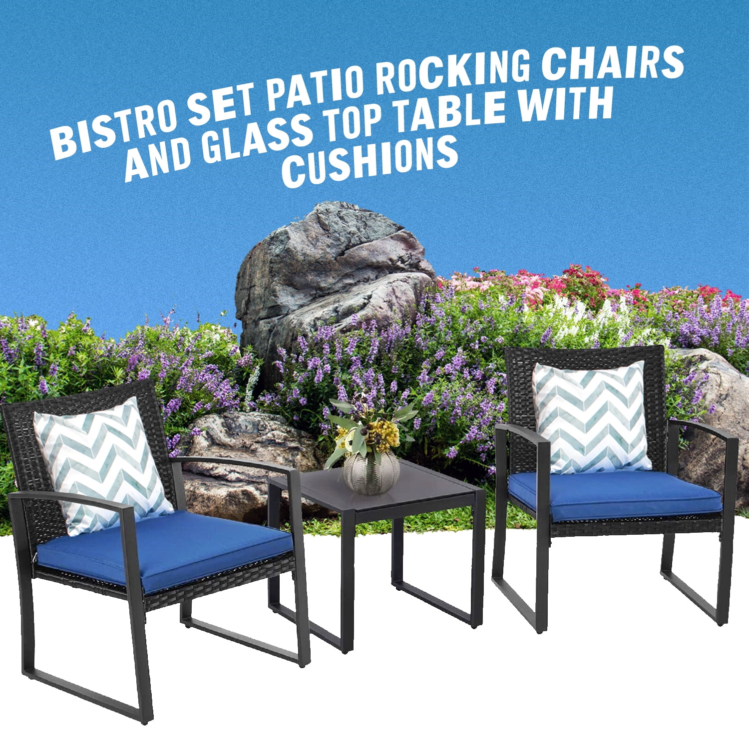 Patio 3-Piece Conversation Black Wicker Furniture-Two Chairs with Glass Coffee Table Dark Blue