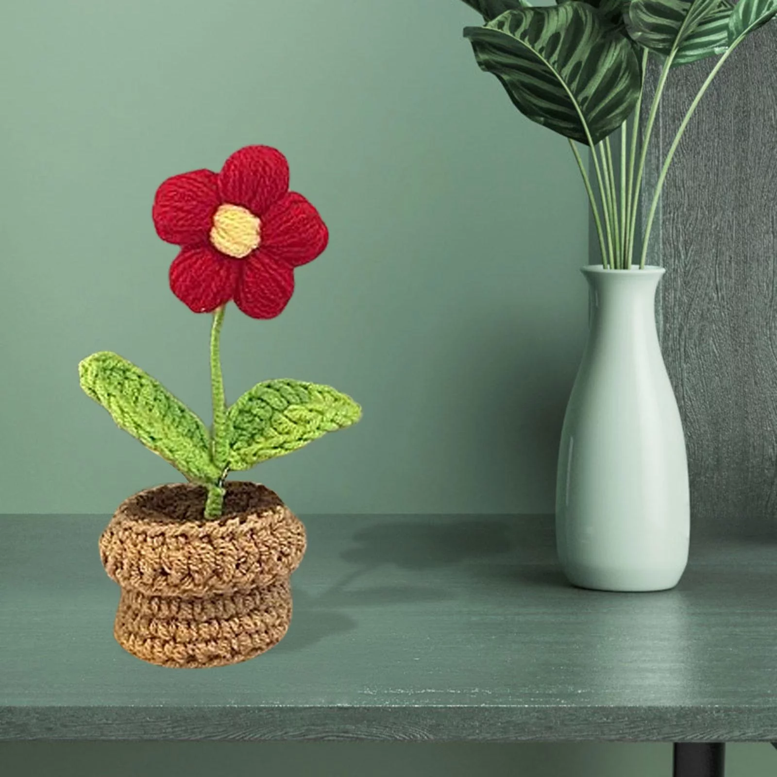 Handmade Beginner Knitted Flowerpot Small Potted Flower Crocheting Craft Includes Red Flower