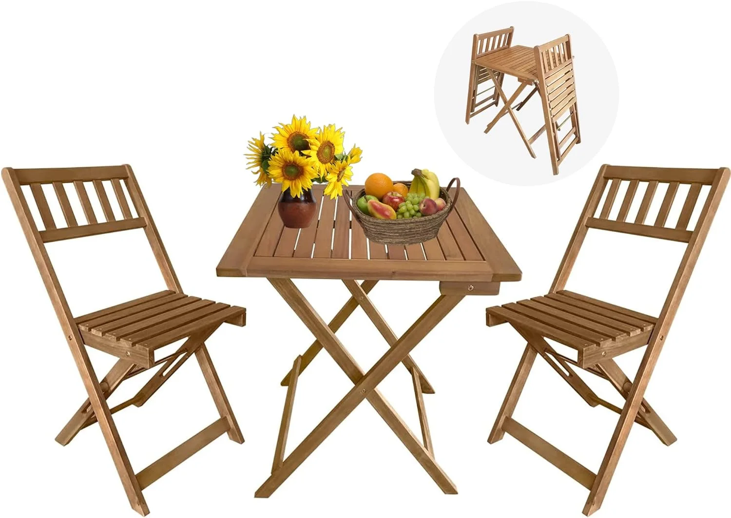BLKMTY Patio Bistro Set 3-Piece Outdoor Patio Furniture Sets Folding Table and Chairs Acacia Wood Bistro Set Balcony Cafe Table Square Patio Table Chair for Front Porch, Garden, Deck, Backyard