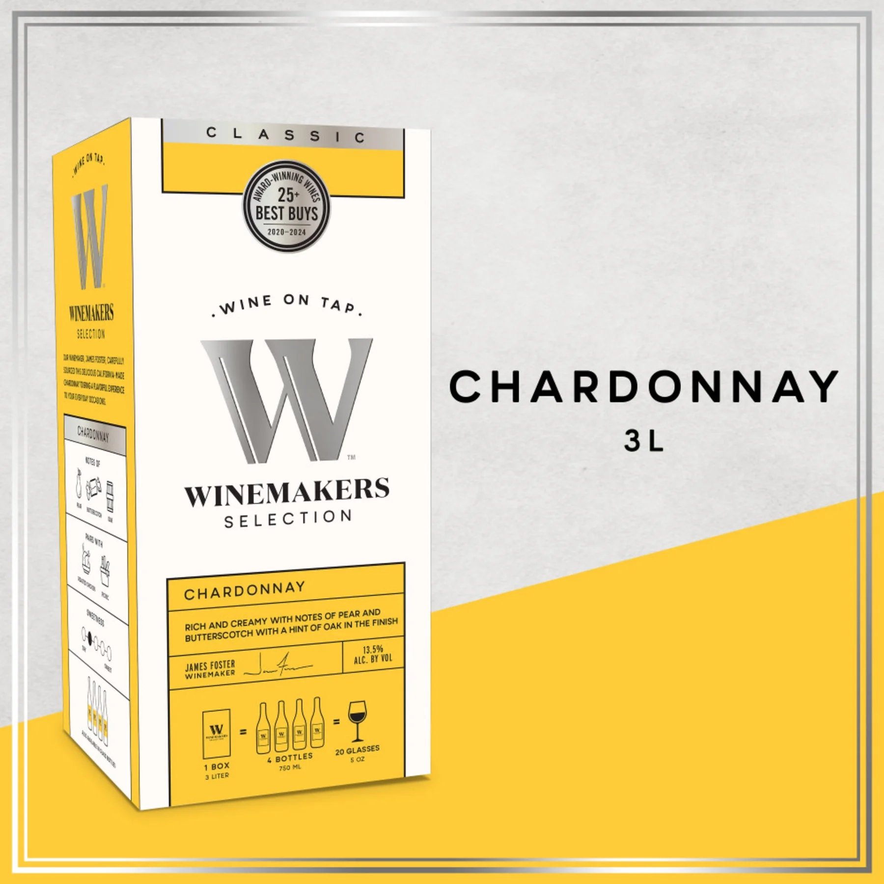 Winemakers Selection Classic Series Chardonnay California White Wine, 3 L Bag in Box, 14% ABV