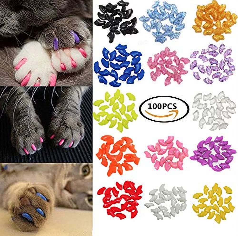 VICTHY 100 PCS Soft Pet Cat Nail Caps Cats Paws Grooming Nail Claws Caps Covers of 5 Kinds 5Pcs Adhesive Glue Large Size