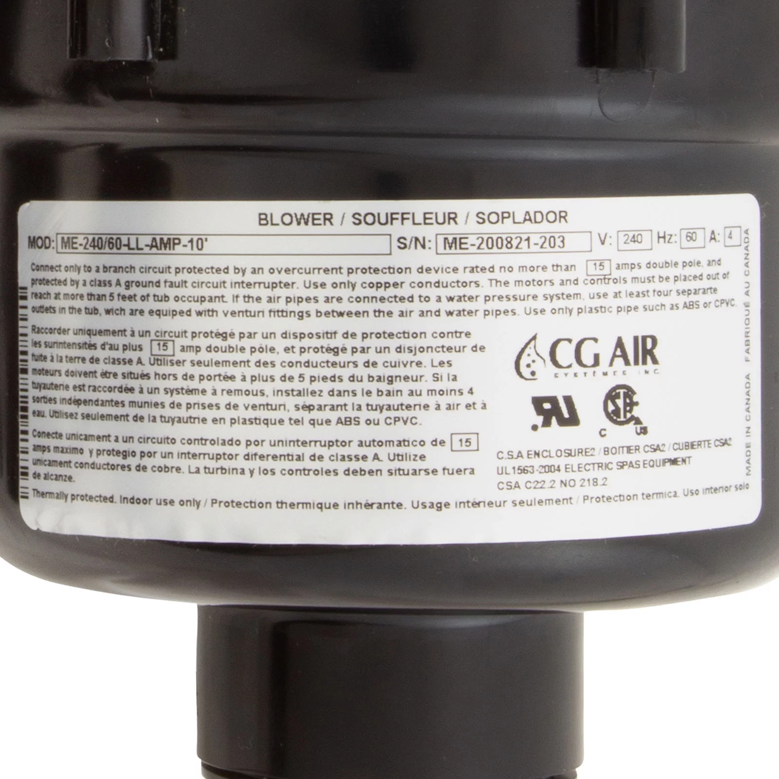 Blower, CG Air Millenium Long Life, 230v, 4.0A, 10ft AMP