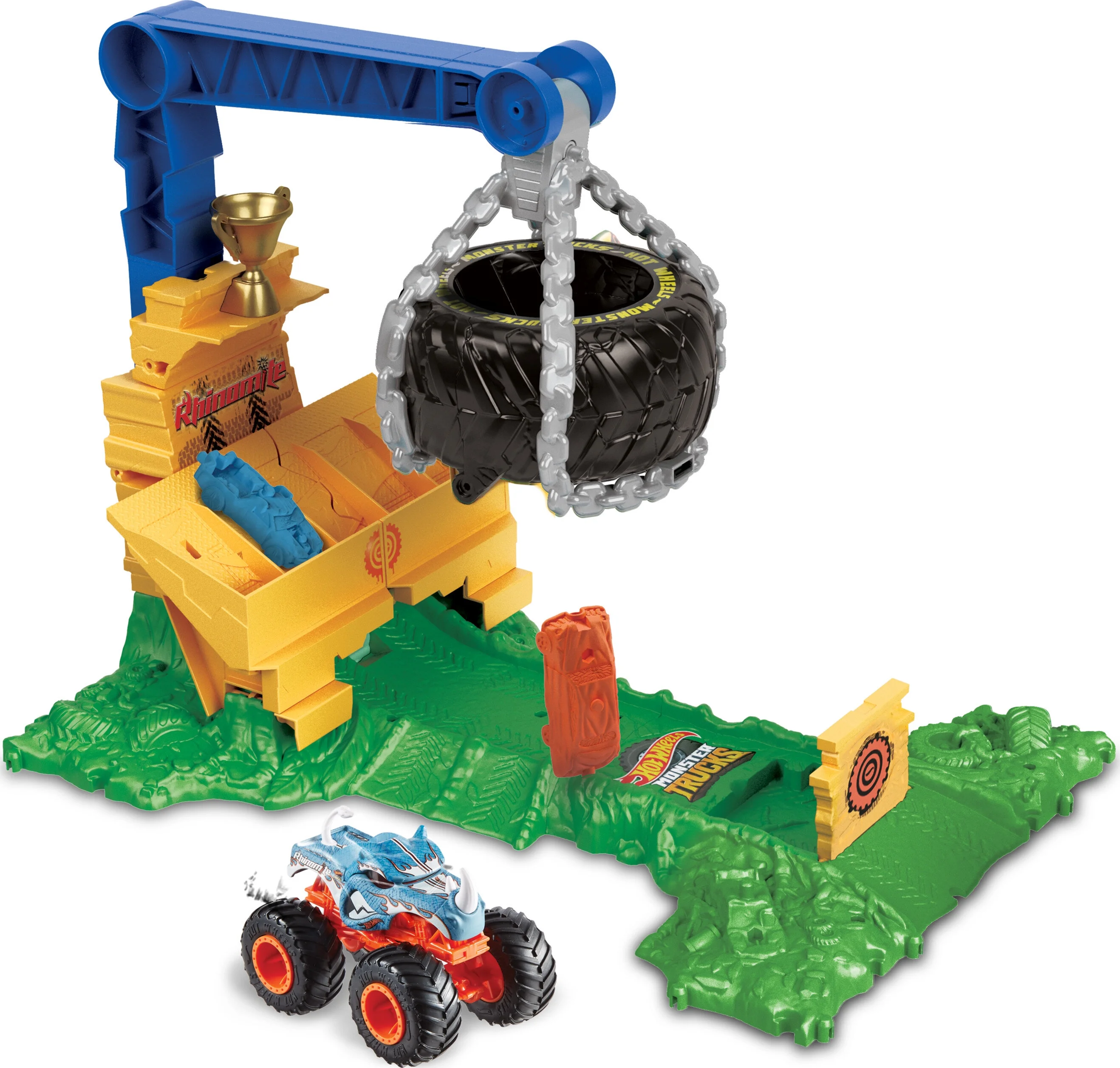 Hot Wheels Monster Trucks Rhinomite Chargin’ Challenge Playset with 1 Toy Truck & 2 Crushed Cars