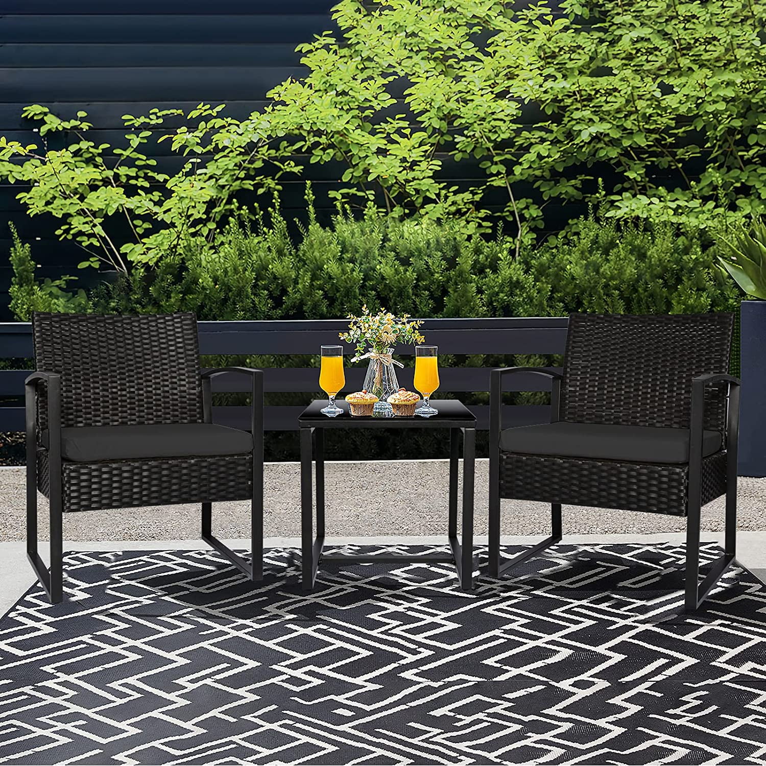 3 Piece Wicker Outdoor Patio Furniture Bistro Set  PE Rattan Chair w/Coffee Table  Small Modern Conversation Sets Clearance for Front Porch  Balcony  Garden  Lawn (Black Cushion)