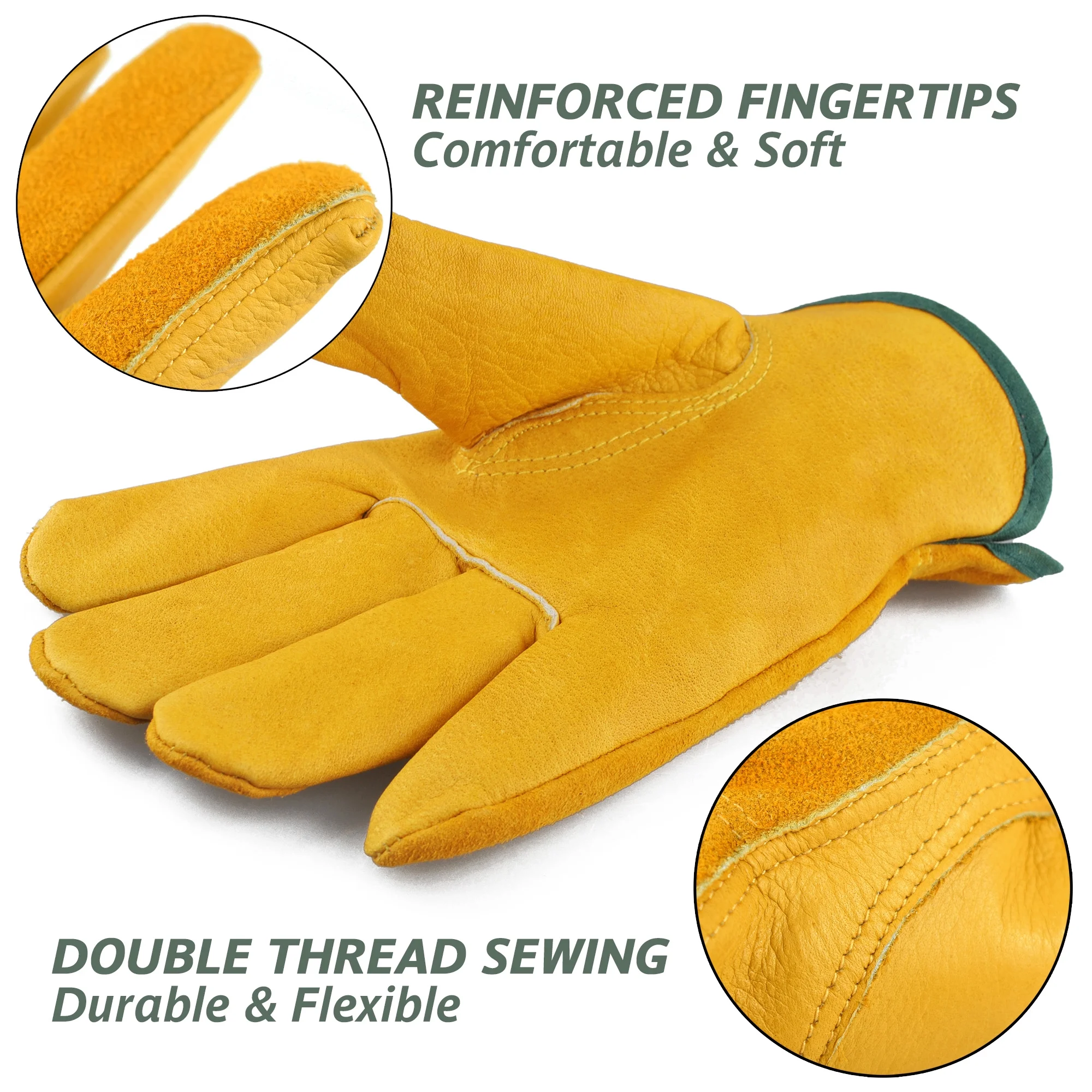 Gardening Gloves with Waterproof Sleeves, Cowhide Leather Work Gloves for Men Women, Gold L