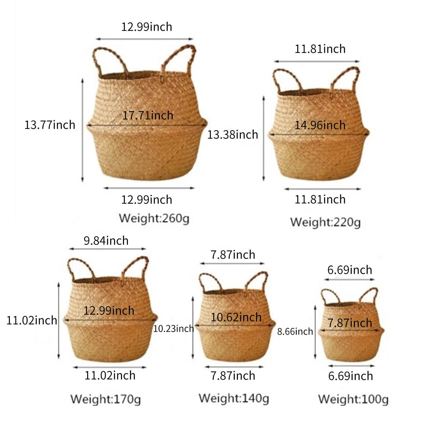 MABOTO Handmade Woven Planter Round Shape Picnic Container Storage Basket Garden Flower Vase Plant Pots for Home Décor Vegetables Flowers Herbs Fruit Planting