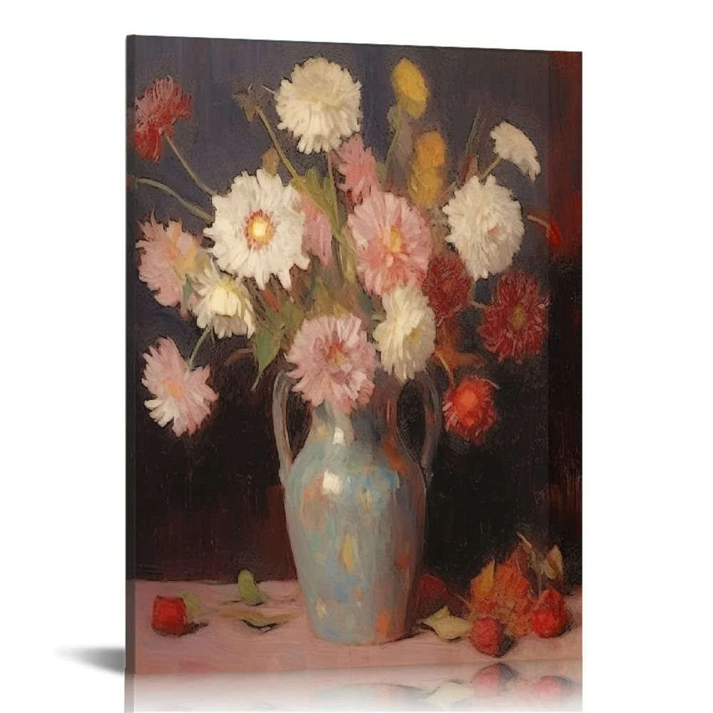 HOMICOZI  Framed Canvas Wall Art Vase with Chinese Asters and Gladioli Oil Paintings Modern Abstract HD Canvas Prints Flowers Artwork Pictures for Living Room Wall Decor