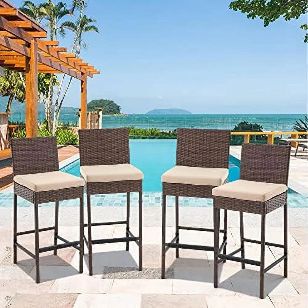 LNSETGC Height Chairs Set of 4  Outdoor Rattan  Stools Set with Cushion  Patio  Chairs Armless for Lawn  Balcony  Garden (Dark Black)