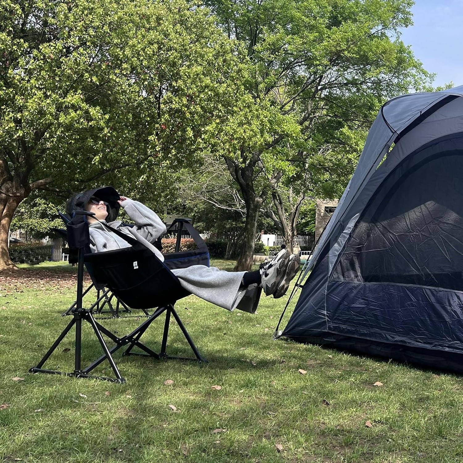 OUWI Hammock Camping Chair, Outdoor Swinging Rocking Camping Chair, Folding Adjustable Back Portable Hammock Chairs for Patio, Backyard and Picnic, Supports 300LBS, Blue